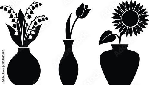 Black flower vases silhouette set with lily of the valley, tulip and sunflower floral arrangements for decor, logos and design projects