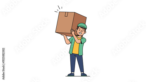 Friendly delivery man in a green uniform and cap carrying a large cardboard box package for shipment on a white background.