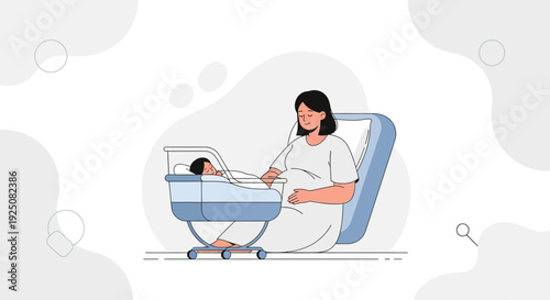 Mother and Newborn Baby in Cradle, Hospital Birth, Maternity Care Illustration
