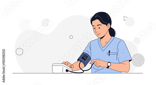 Nurse checking blood pressure with digital monitor, health checkup illustration