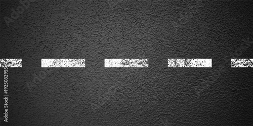 Asphalt road with white lane marking, concrete highway surface, texture. Street traffic line, road dividing strip. Pattern with grainy structure, grunge stone background. Vector illustration