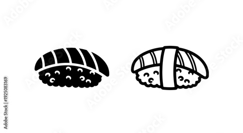 Black and white vector illustrations of sushi nigiri, versatile for web and print culinary designs.