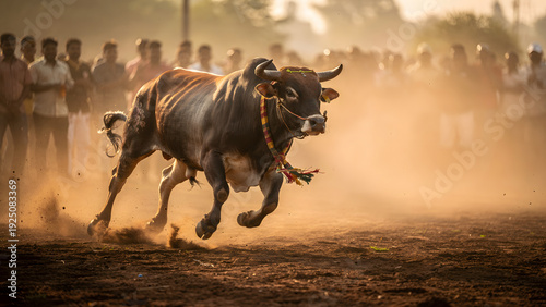 Jallikattu Bull Running in Arena Dust
