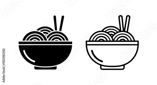 Simple Black and White Icon Set of Noodle Bowls with Chopsticks for Asian Cuisine