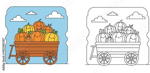 Kawaii Autumn Pumpkin Cart Illustration and Coloring Book Page Set for Kids, Harvest Season Vector with Cute Smiling Pumpkins in a Wooden Wagon, Fall Thanksgiving Themed Activity (185 characters)