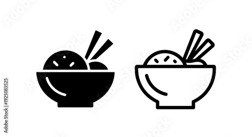 Two simple icons of a bowl of rice with chopsticks, representing Asian cuisine and quick meals