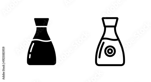 Soy sauce bottle icons with wave detail, solid black and outline, for Asian cuisine and condiments