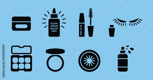 makeup and skincare silhouette icons set for beauty industry and personal care.