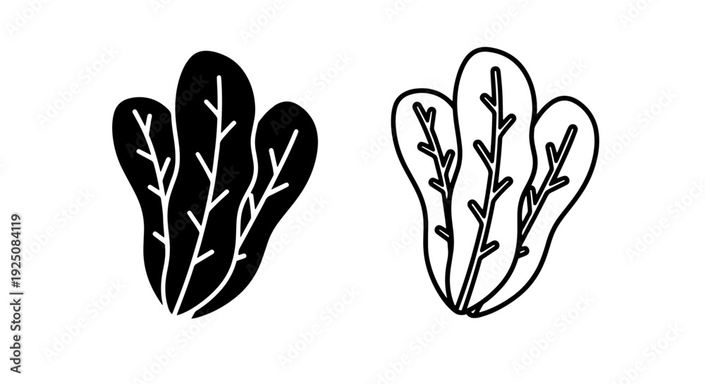 Naklejka premium Stylized black and white icons of leafy greens, representing healthy food and plants.