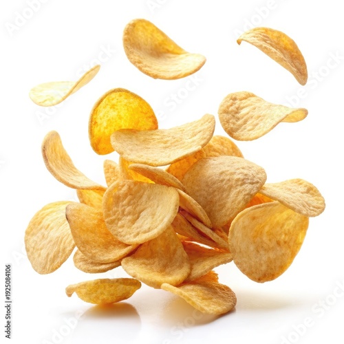 Golden ridged potato crisps levitating in motion for snack advertising