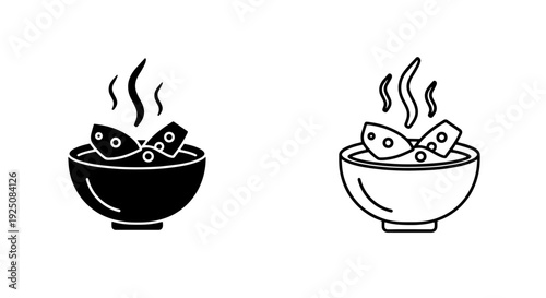 Black and white icons of a steaming bowl of food, representing hot meals and comfort.