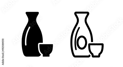 Minimalist icons of a sake bottle and cup in black and white for Asian drink design