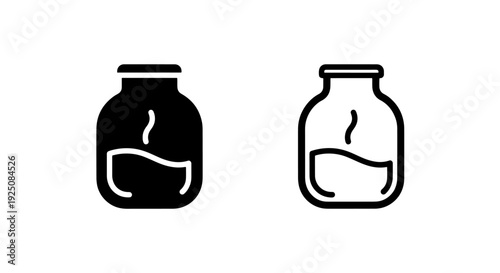 Simple black and white icons of a jar with liquid, clean design for product graphics