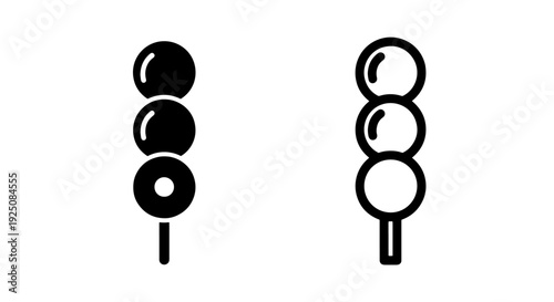Black and white icons of a skewer with three round dumplings, simple Japanese food graphic