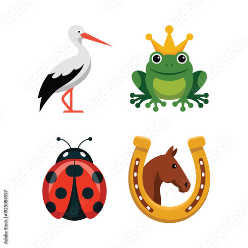 Spring luck symbols set, stork bird, crowned frog, ladybug, horseshoe with horse head, folklore festival poster, family fun session vector