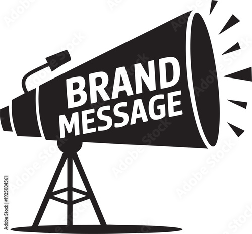 Black vector megaphone graphic with brand message on a stand conveying business promotion and marketing communication effectively