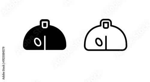 Black and white icons of a simple duffel bag, representing travel and sports gear