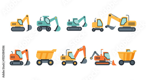 Collection of various heavy machinery vehicles and equipment for construction and excavation purposes displayed in a grid layout