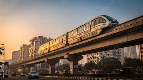 Elevated Monorail in City at Golden Hour