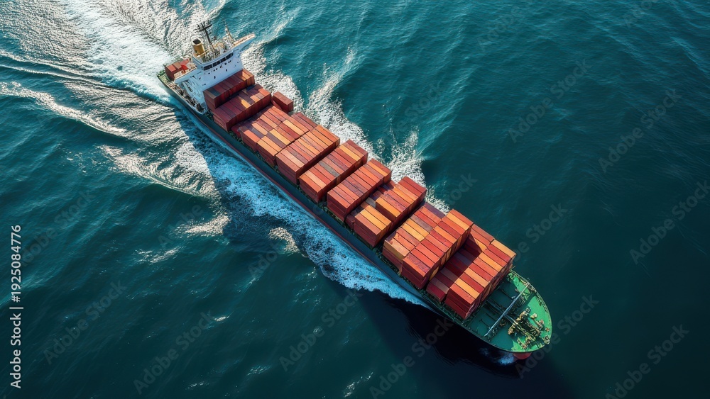 Fototapeta premium cargo container ship sailing in ocean aerial top view of global express freight transportation maritime scene concept of logistics industry, global trade, shipping business