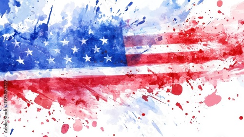 Vibrant abstract american flag watercolor art with red, white, and blue splashes. Independence Day