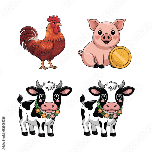 Farm animals icon set, dairy cows with rooster and pig, country fair branding, agricultural show poster, agriculture session vector illustration