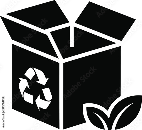 Black open cardboard box icon with recycling symbol and leaves isolated on white background for eco-friendly shipping and sustainable packaging.