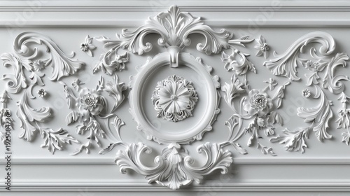 Intricate ornate white floral stucco decor with elegant patterns and symmetrical design