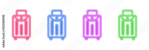 Neon glowing suitcase vector icons set, travel, luggage, vacation, holiday, trip, airport, tourism, vibrant colorful digital design illustration on transparent background.