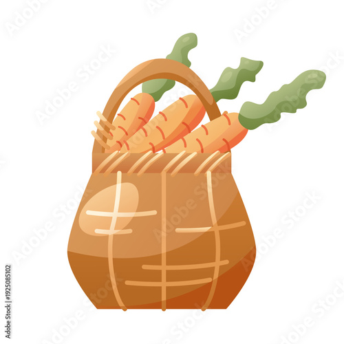 Basket of Carrots isolated on white. Harvest of vegetables. Vector illustration.