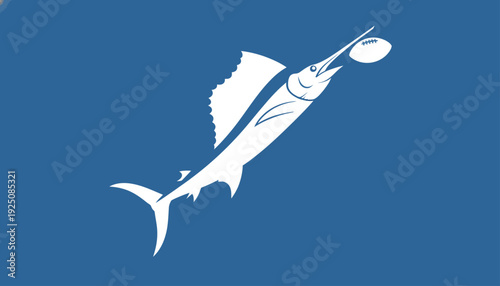 White Marlin Leaping with a Rugby Ball in its Mouth Against a Blue Background