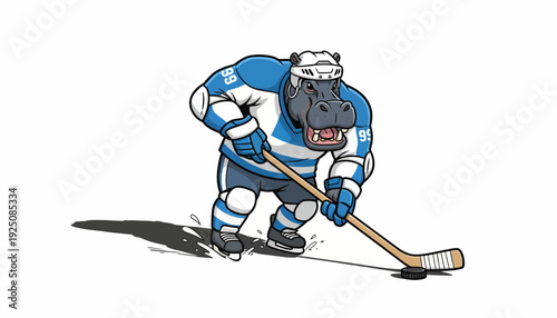 Playful cartoon hippo character on the ice, dressed in a full hockey uniform, ready to score a goal with its stick, embodying a spirited animal competitor