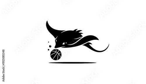 Dynamic black manta ray illustration playfully dribbling a basketball, symbolizing agility, power, and team spirit; ideal for sports mascots, athletic branding, or aquatic-themed design projects