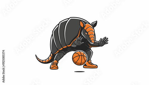 Armadillo playing basketball, an athletic cartoon animal illustration