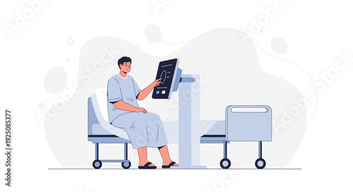 Patient in hospital gown using medical monitor screen in clinic room