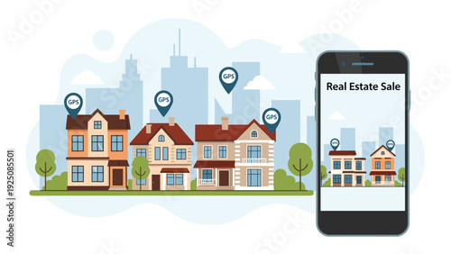 Modern real estate mobile application concept showing various houses with GPS location pins set against a city skyline background.