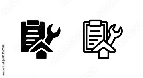 Utility black and white icon depicting a clipboard with wrench and up arrow, symbolizing service update, maintenance, or upload.
