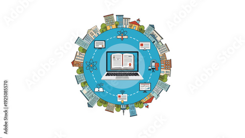 Circular arrangement of various education and learning icons surrounding a laptop computer representing global digital knowledge and research.