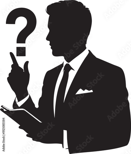Silhouette of a businessman considering an idea with a question mark above his head while holding a tablet