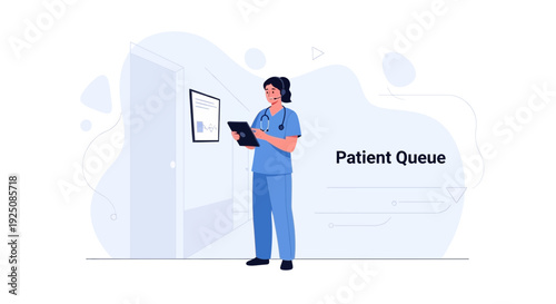 Nurse with Tablet Managing Patient Queue in Hospital Corridor