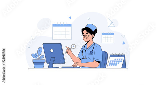 Nurse working on computer with calendar, medical appointment scheduling concept
