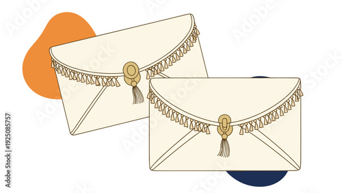 Pair of elegant cream colored clutch bags with decorative tassels and gold clasps presented against a simple abstract designer background.