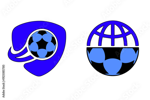 Two blue and black soccer ball logos. The first logo features a soccer ball within a blue shield shape with a swoosh. The second logo shows a soccer ball forming the bottom half of a blue globe