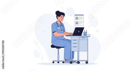 Nurse working on laptop at desk, medical professional, healthcare technology, digital health