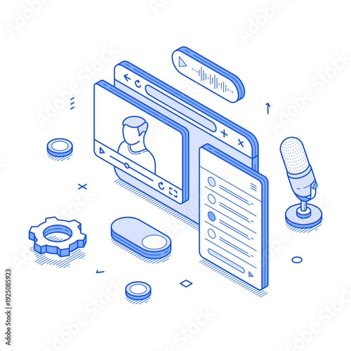 Live streaming setup with isometric design. It features a video interface, microphone, and control elements. The scene represents a contemporary online streaming activity
