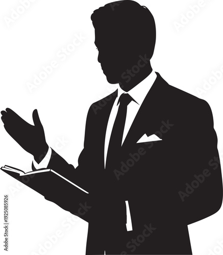 Businessman silhouette illustration holding documents and presenting information to audience or clients with a confident gesture