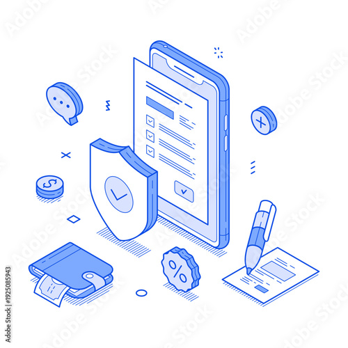 Digital devices and icons surrounding a smartphone illustrate the concept of insurance and financial services in a modern setting. Modern isometric line vector illustration