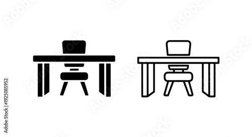Minimalist black and white desk and chair icon, representing office, study, and home workspace