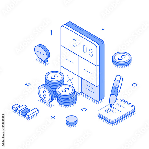 Isometric line vector illustration depicts a calculator surrounded by coins and a notepad. It illustrates the act of counting money and making financial calculations in a modern context
