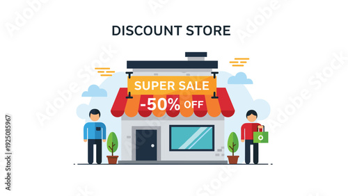 Discount store storefront showing two customers and a large orange banner advertising a super sale with fifty percent off on products.